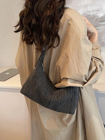 Bolso de Hombro Hobo de Denim Casual para Mujer Bolso de Axila Plisado Retro Color Sólido Cierre de Cremallera