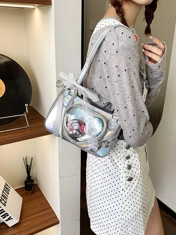 Women Ita Bag Heart Transparent Window Lace Bowknot PU Leather Shoulder Crossbody Bag Sweet Y2K Style Display Bag Accessories