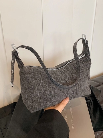 Bolso de Hombro Hobo de Denim Casual para Mujer Bolso de Axila Plisado Retro Color Sólido Cierre de Cremallera