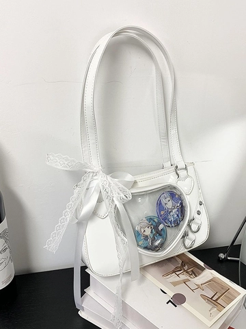 Women Ita Bag Heart Transparent Window Lace Bowknot PU Leather Shoulder Crossbody Bag Sweet Y2K Style Display Bag Accessories