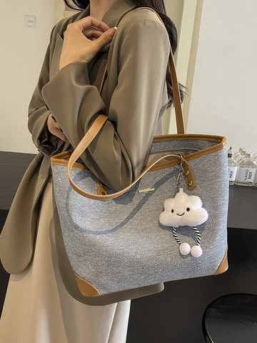 Bolso Tote de Denim para Mujer Gran Capacidad Minimalista Bloque de Color Bolso de Hombro para Diario Escuela Con Lindo Colgante de Nube