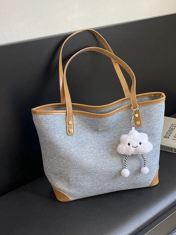 Bolso Tote de Denim para Mujer Gran Capacidad Minimalista Bloque de Color Bolso de Hombro para Diario Escuela Con Lindo Colgante de Nube