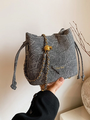 Fashion Women PU Leather Marble Pattern Bucket Bag Adjustable Gold Chain Strap Drawstring Shoulder Crossbody Bag For Streetwear