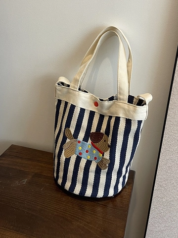 Mode Damen Gestreifte Segeltuch Eimertasche Mit Hundestickerei Lässig Handtasche Schulter Umhängetasche Für Den Alltag