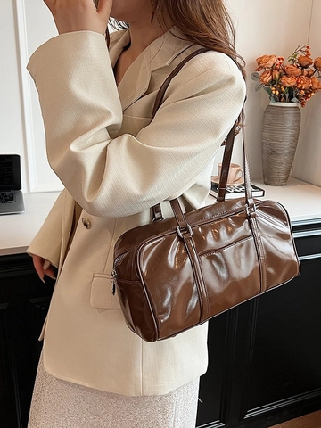 Bolso de Hombro de Cuero PU Brillante Retro para Mujer Gran Capacidad Color Sólido Bolso de Mano Boston Almohada para Oficina Diario
