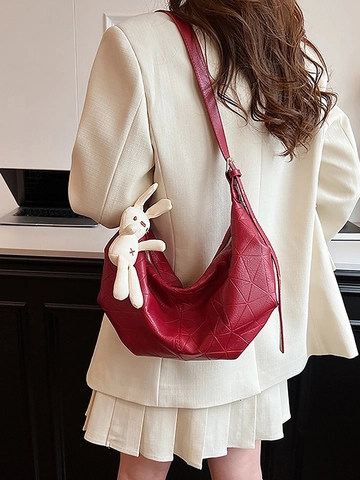 Borsa a Spalla da Donna Alla Moda Pieghettata a Triangolo Geometrico Borsa a Mezzaluna Hobo in Pelle PU Con Ciondolo Coniglio