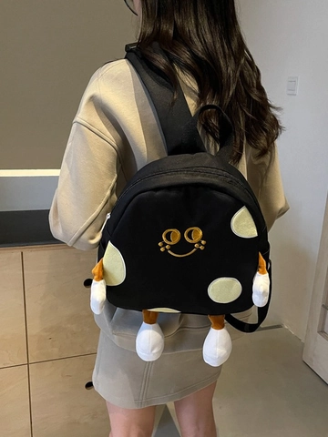 Fashion Cartoon Smiley Face Canvas Backpack With 3D Plush Limbs Women Students Casual School Bag Polka Dot Travel Rucksack