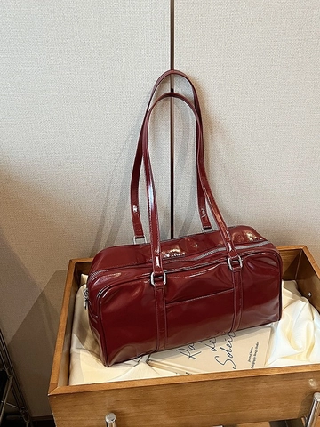 Bolso de Hombro de Cuero PU Brillante Retro para Mujer Gran Capacidad Color Sólido Bolso de Mano Boston Almohada para Oficina Diario