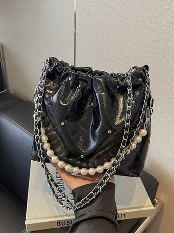 Vintage Quilted Bucket Bag For Women PU Leather Artificial Pearl Chain Shoulder Bag Rivet Decor Crossbody Bag Fashion Handbag