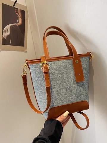 Bolso de Cubo de Retazos de Mezclilla para Mujer Vintage Cuero PU Color de Contraste Bolso de Mano Pequeño Bandolera para Compras Diarias