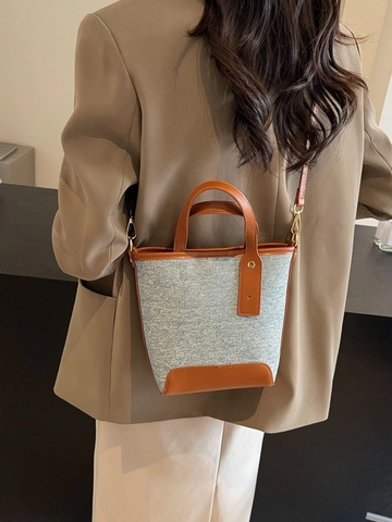 Bolso de Cubo de Retazos de Mezclilla para Mujer Vintage Cuero PU Color de Contraste Bolso de Mano Pequeño Bandolera para Compras Diarias