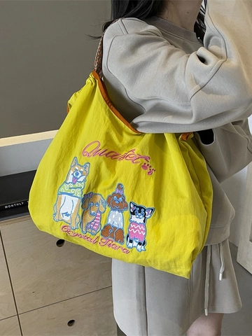Bolso Tote Casual de Gran Capacidad para Mujer Con Bordado de Perro de Dibujos Animados y Asas Trenzadas de Colores Bolso de Hombro