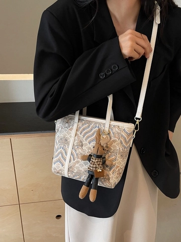 Vintage Jacquard Stoff PU Leder Beuteltasche Chinesisches Wellenmuster Schulter Umhängetasche Tote Bag Für Damen Mit Kaninchenanhänger