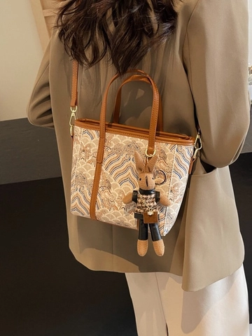 Vintage Jacquard Stoff PU Leder Beuteltasche Chinesisches Wellenmuster Schulter Umhängetasche Tote Bag Für Damen Mit Kaninchenanhänger