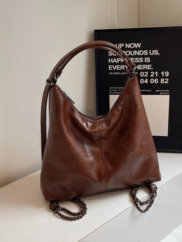 Damen Große Kapazität PU Leder Tote Bag Vintage Patchwork Schultertasche Mit Metallkette Retro Pendeln Hobo Handtasche