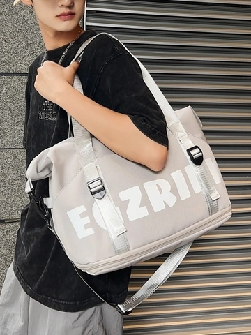 Oxford Cloth Travel Bag Women Men Waterproof Expandable Duffel Bag Shoe Compartment Letter Print Shoulder Handbag
