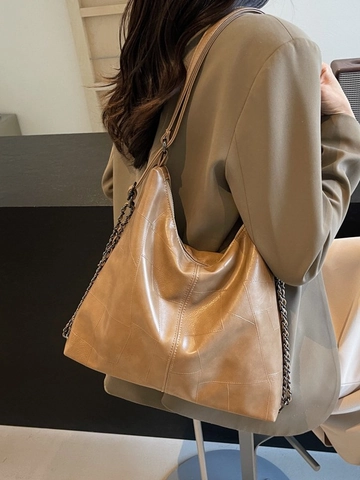 Damen Große Kapazität PU Leder Tote Bag Vintage Patchwork Schultertasche Mit Metallkette Retro Pendeln Hobo Handtasche