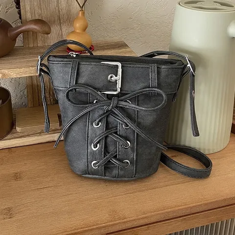Damen Mode Schnürung Bucket Bag PU Denim Canvas Umhängetasche Mit Schleife Y2K Retro Streetwear Handtasche Geschenk
