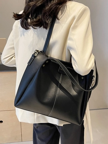 Women's Large Capacity PU Leather Tote Bag Contrast Stitching Handbag With Wide Geometric Patterned Strap For Commute