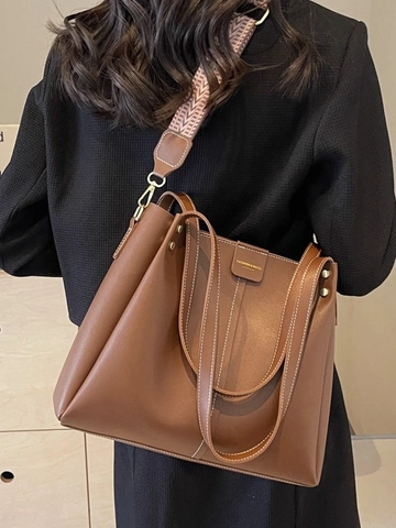 Women's Large Capacity PU Leather Tote Bag Contrast Stitching Handbag With Wide Geometric Patterned Strap For Commute
