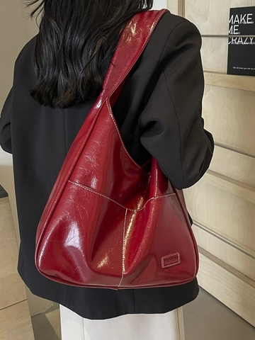 Borsa Tote da Donna di Grande Capacità in Pelle PU Lucida Borsa a Tracolla con Cuciture a Contrasto Borsa Hobo Versatile da Donna