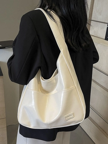 Borsa Tote da Donna di Grande Capacità in Pelle PU Lucida Borsa a Tracolla con Cuciture a Contrasto Borsa Hobo Versatile da Donna