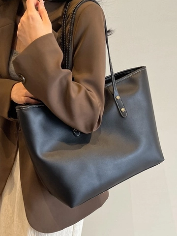 Bolso Tote de Gran Capacidad Vintage Bolso de Hombro de Cuero PU Con Puntadas de Contraste Bolso Minimalista para Mujer