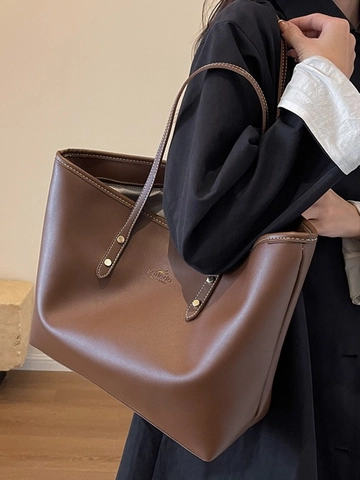 Bolso Tote de Gran Capacidad Vintage Bolso de Hombro de Cuero PU Con Puntadas de Contraste Bolso Minimalista para Mujer