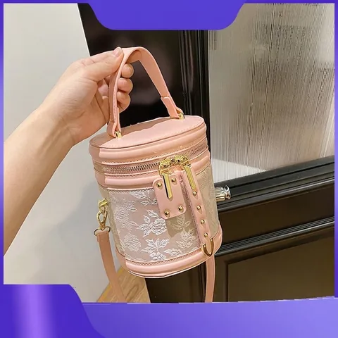 Bolso Bombonera Elegante Con Bordado de Encaje Floral Para Mujer Bolso de Mano Cilíndrico de Cuero PU de Hombro Para Diario