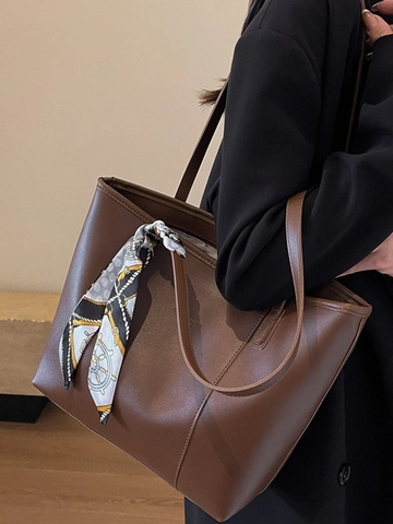 Bolso Tote de Gran Capacidad para Mujer Cuero de PU Bolso de Hombro con Pañuelo de Satén Estilo Retro para Oficina Viajes