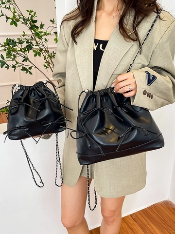 Bolso de Cubo Plisado de Moda para Mujer Cuero PU Gran Capacidad Lazo Decorativo Cadena Bolso de Hombro Cruzado Mochila Multifuncional con Cordón
