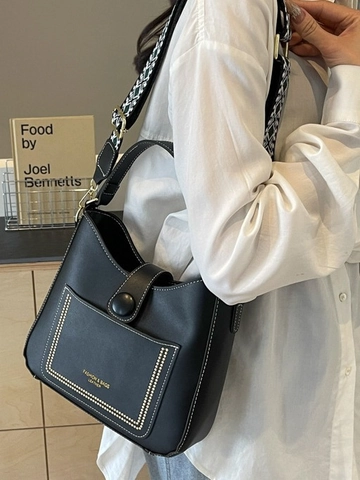 Women Large Capacity Bucket Bag Minimalist Contrast Stitching Shoulder Bag PU Leather Crossbody Bag With Geometric Wide Strap