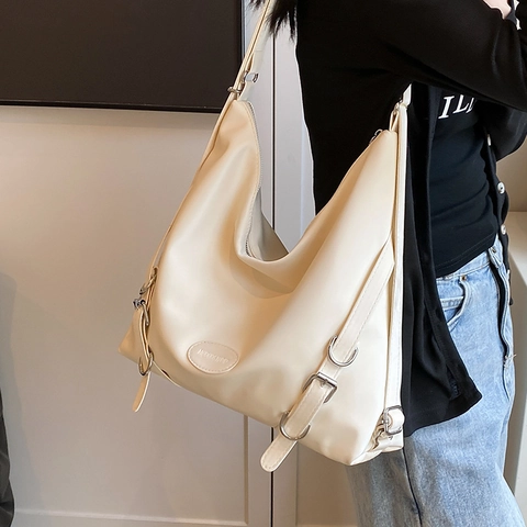 Damen Große Kapazität PU Leder Hobo Tasche Street Trend Multifunktionaler Schulter Rucksack Casual Pendeln Reise Tote Tasche Mit Silbernen Beschlägen