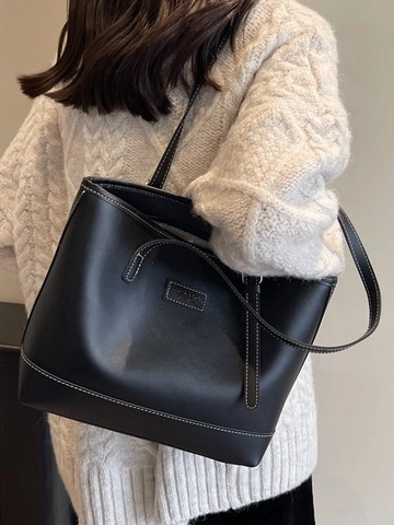 Sac Cabas Femme en Cuir PU Grande Capacité Vintage Rétro Trajet Épaule Sac Bureau École Sac à Main Avec Surpiqûres Contrastées