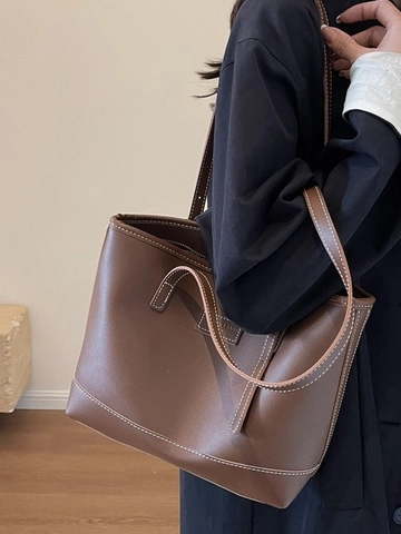 Sac Cabas Femme en Cuir PU Grande Capacité Vintage Rétro Trajet Épaule Sac Bureau École Sac à Main Avec Surpiqûres Contrastées