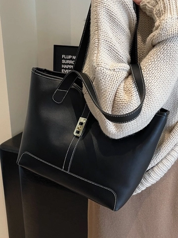 Bolso Tote de Cuero PU de Gran Capacidad para Mujer Bolso de Hombro con Costuras de Contraste y Cierre de Metal Dorado