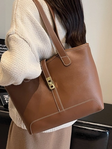 Bolso Tote de Cuero PU de Gran Capacidad para Mujer Bolso de Hombro con Costuras de Contraste y Cierre de Metal Dorado