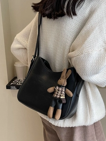 Sac Seau Hobo en Cuir PU Vintage pour Femmes Sac à Épaule Grande Capacité Avec Pendentif Lapin en Tricot Bandoulière