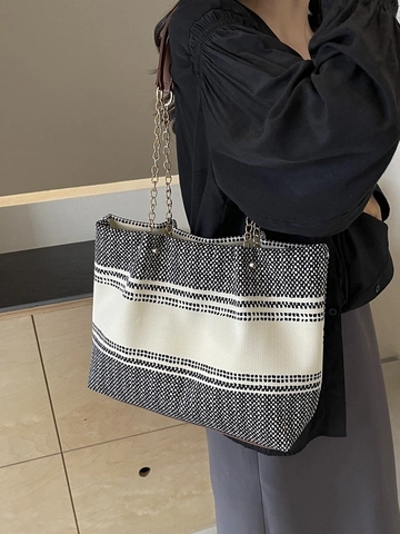 Large Capacity Women Canvas Tote Bag Vintage Striped Polka Dot Geometric Pattern Fashion Shoulder Bag With Chain Strap