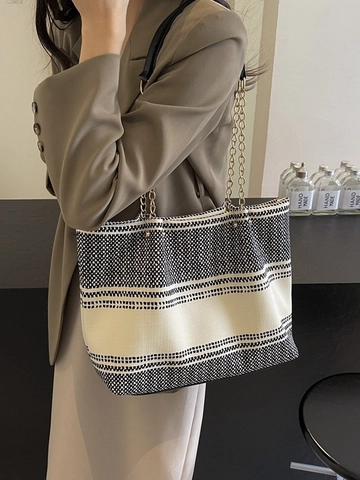 Large Capacity Women Canvas Tote Bag Vintage Striped Polka Dot Geometric Pattern Fashion Shoulder Bag With Chain Strap