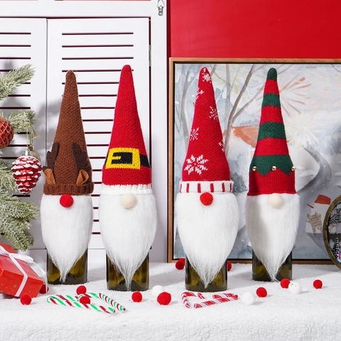 Fundas para Botellas de Vino de Gnomo de Navidad Reno de Punto Copo de Nieve Rudolph para Decoraciones de Mesa de Fiesta de Navidad