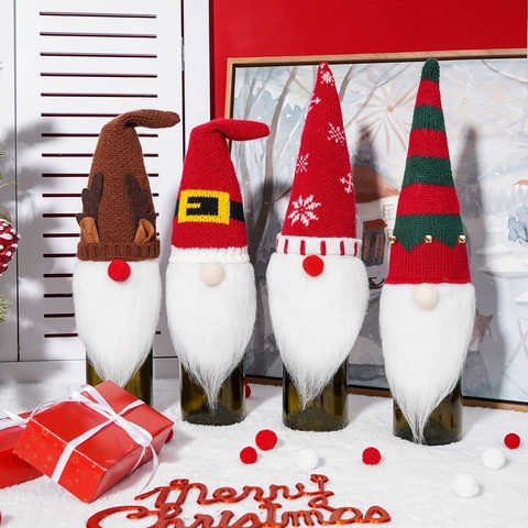 Fundas para Botellas de Vino de Gnomo de Navidad Reno de Punto Copo de Nieve Rudolph para Decoraciones de Mesa de Fiesta de Navidad