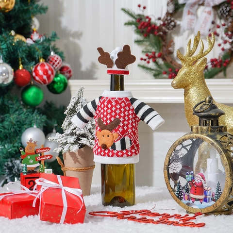Copribottiglia di Vino con Renna di Natale Mini Maglione e Cappello in Maglia Decorazione Tavola Festa Regalo
