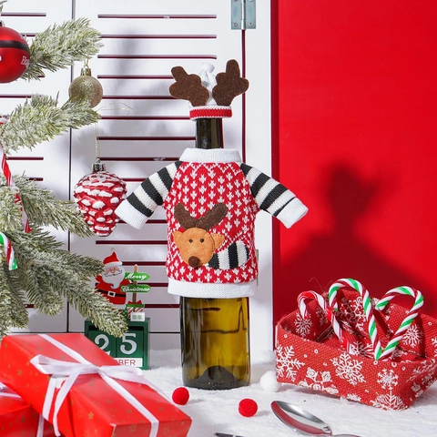 Copribottiglia di Vino con Renna di Natale Mini Maglione e Cappello in Maglia Decorazione Tavola Festa Regalo