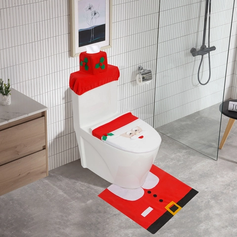 Papá Noel Funda Para Tapa De Inodoro Funda Para Cisterna Y Alfombra Juego Franela Decorativo Baño Festivo Navidad Hogar Decoración