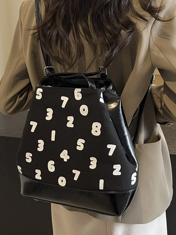 Mochila Tote de Gran Capacidad para Mujer a la Moda Lona Cuero PU Costura Color de Contraste Impresión de Números Bolso de Hombro Multifuncional