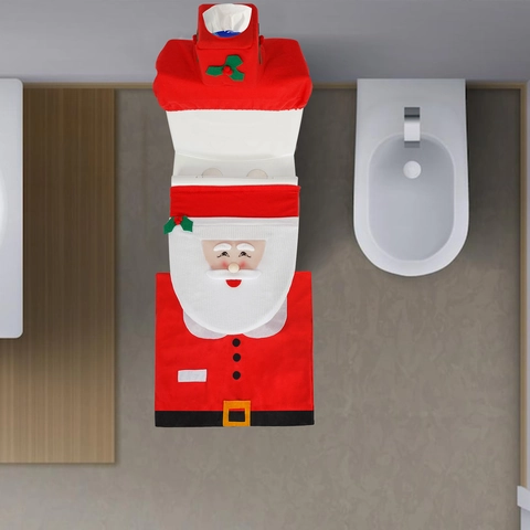 Papá Noel Funda Para Tapa De Inodoro Funda Para Cisterna Y Alfombra Juego Franela Decorativo Baño Festivo Navidad Hogar Decoración
