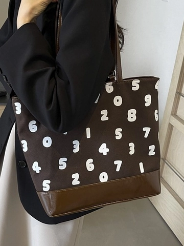 Mochila Tote de Gran Capacidad para Mujer a la Moda Lona Cuero PU Costura Color de Contraste Impresión de Números Bolso de Hombro Multifuncional