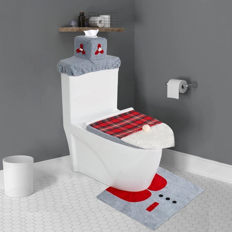 Christmas Bathroom Decoration Polyester Toilet Lid Cover And Water Tank Cover And Anti-slip Rug Plaid Santa Claus Home Decor