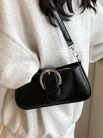 Borsa Sottospalla in Pelle PU Vintage da Donna Borsa a Tracolla Quadrata Minimalista Con Grande Fibbia Argento Piccola Borsa a Spalla